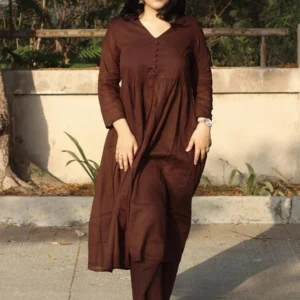 istocan Women's Long Flared V-Neck Kurta Pant Set
